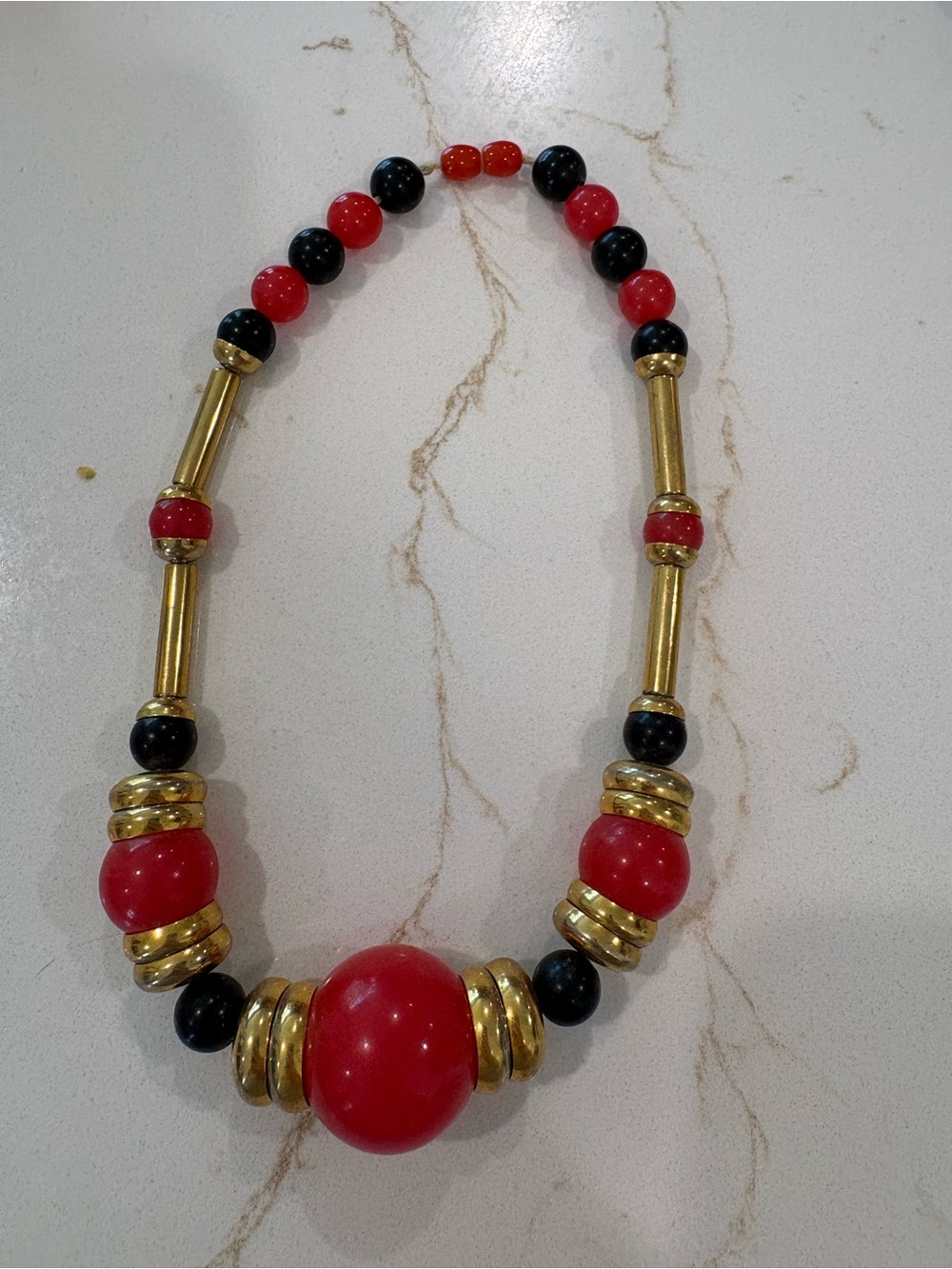 Vintage French Red and Black Beaded Necklace with Gold Accents